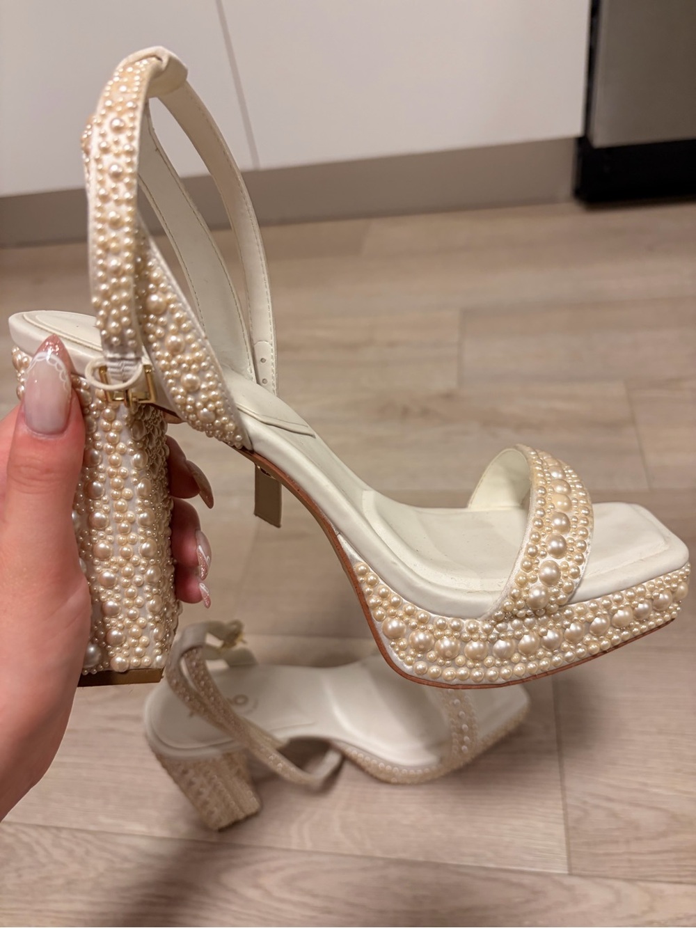Aldo Pearl-Embellished Cream Platform Heels